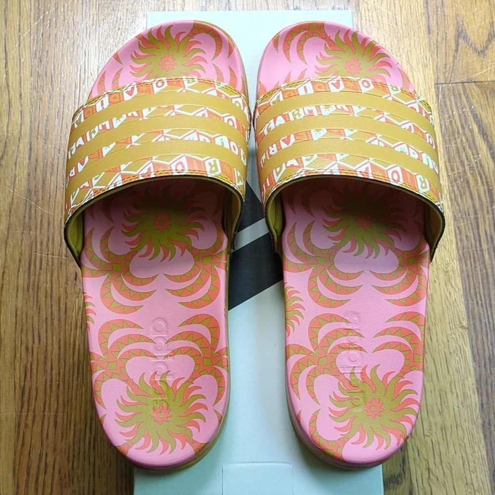 NIB FARM Rio Slide Sandals Adidas Collab Pink Abstract Floral Women's Size 10